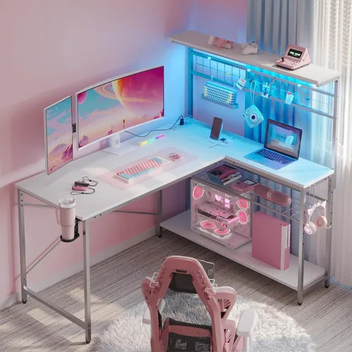 Vista 14 de Bestier Escritorio de juegos en forma de L de 42 pulgadas, escritorio para computadora con tomas de corriente y luz LED, escritorio reversible