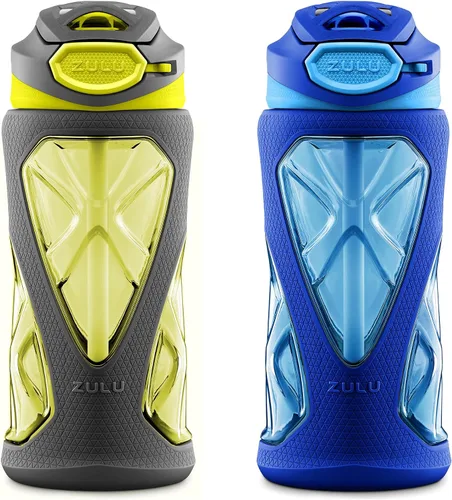 Vista 10 de ZULU Torque 16oz Plastic Kids Water Bottle with Silicone Sleeve and Leak-Proof Locking Flip Lid, Soft Touch Carry Loop for School Backpack