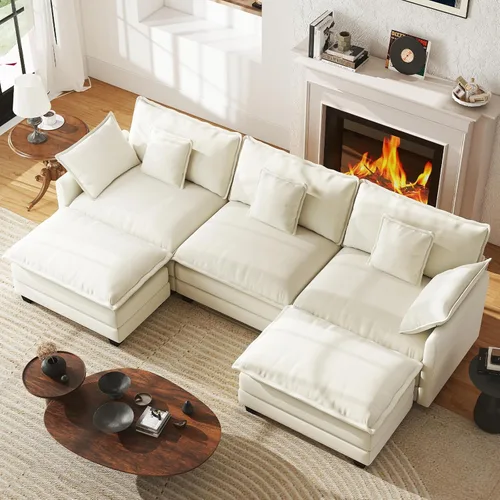 Vista 9 de Sofá de nube en forma de L de 77 pulgadas, sofá modular con otomana, cómodo sofá biplaza de felpilla con almohada para sala de estar, dormitorio