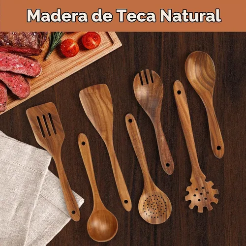 Vista 3 de comfoyar Juego de utensilios de cocina de madera, 7 cucharas de madera de teca natural para cocinar con espátula y cucharón, utensilios de cocina