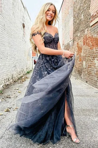Vista 4 de YUAOHUANG Vestidos de graduación con apliques de encaje y tul para mujer 2025, vestido de baile con tirantes delgados, vestido de noche formal