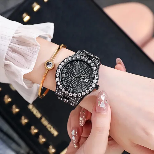 Vista 2 de Reloj de pulsera de cuarzo plateado con diamantes de imitación para hombres y mujeres, para parejas, estilo hip hop, con brillantes brillantes