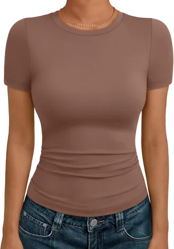 Vista 22 de AUTOMET - Camisetas básicas de manga corta para mujer, para verano, entrenamiento o gimnasio, con cuello redondo, ropa moderna estilo Y2K