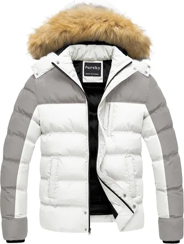 Vista 7 de Pursky Chaqueta de plumón impermeable para hombre, abrigos de invierno con capucha de piel para esquiar, parka con capucha de piel Verde militar