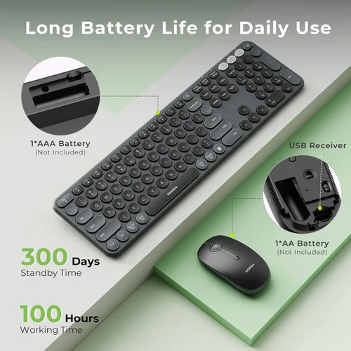 Vista 6 de seenda COE202 - Combo de teclado y mouse Bluetooth, teclas redondas retro, color negro Retro silent keyboard and mouse connects to 3 devices