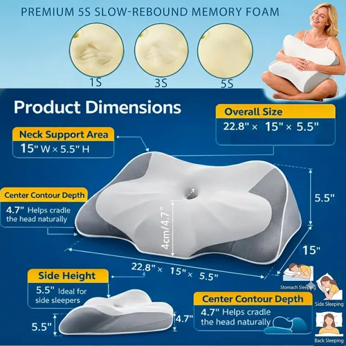 Vista 5 de Almohada de apoyo para el cuello para dormir, almohadas de espuma viscoelástica de contorno para dolor de cuello, almohada cervical ortopédica