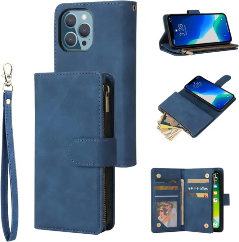 Vista 10 de UEEBAI Funda tipo cartera para iPhone 13 Pro Max, funda de piel sintética con cierre magnético, bolsillo con cremallera, ranuras para tarjetas