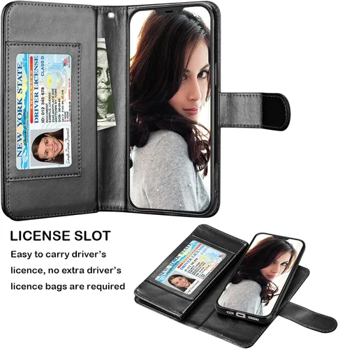 Vista 3 de NJJEX - Funda tipo cartera para iPhone 12 Pro Max, 9 ranuras para tarjetas, color negro Cuero sintético, soporte para tarjeta de crédito