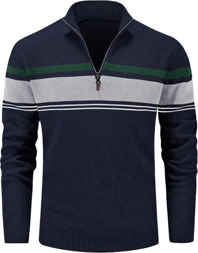 Vista 25 de MAGCOMSEN Suéteres de algodón con cremallera de 1/4 para hombre, suéter tipo polo, a rayas, para otoño e invierno, sudaderas cálidas