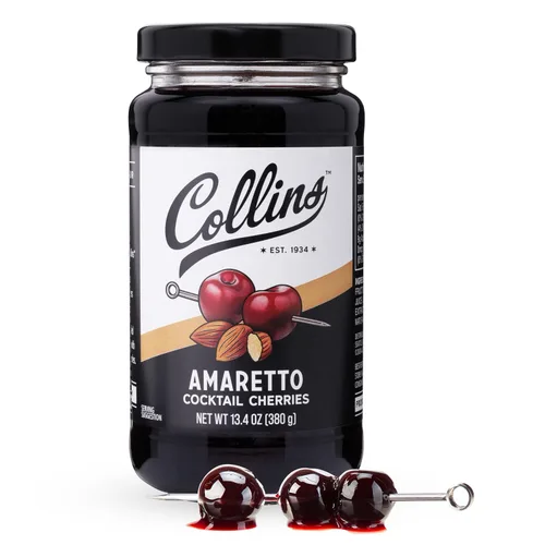 Vista 9 de Collins Amarena Cherries - Guarnición de cóctel prémium para cócteles, mezclas antiguas, cerezas italianas, tarro de cereza agria dulce de 13.4 onzas