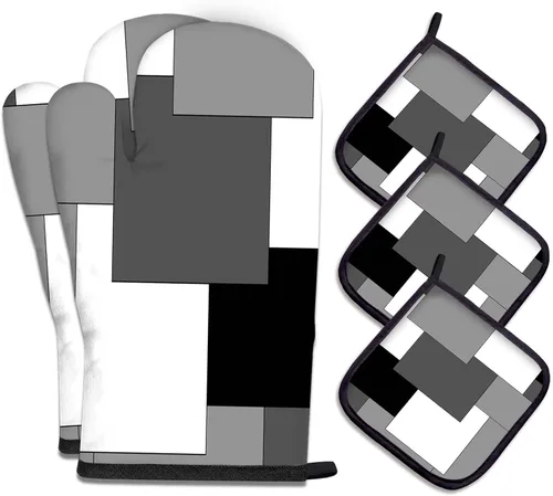 Vista 13 de MCALK Juego de 5 manoplas de horno y soportes para ollas, guantes abstractos para horno y almohadillas calientes para cocina de cocina, manoplas