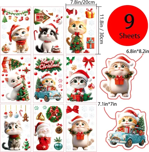 Vista 2 de Calcomanías de gato para ventana de Navidad, 9 hojas de decoración de Navidad, campanas de árbol de gato, calcomanías para fiestas de vacaciones