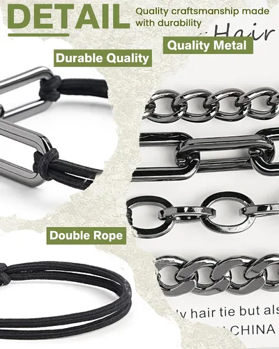 Vista 3 de Paquete de 4 ligas negras para el cabello de mujer, doble cuerda elástica de metal para cabello grueso, sin daños para cola de caballo, cabello fino