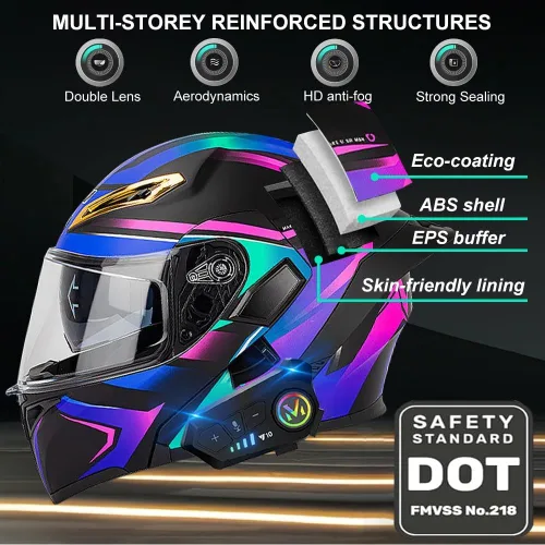 Vista 2 de Casco Modular de Motocicleta Bluetooth, Aprobado por DOT, Casco de Motocicleta de Cara Completa Abatible con Doble Visera, Casco Antivaho