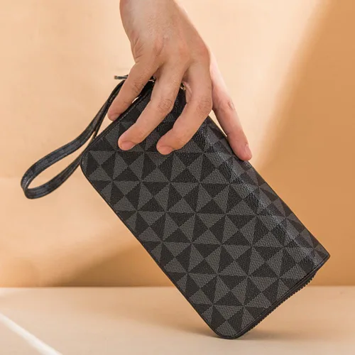 Vista 4 de Veki Billetera para mujer con doble cremallera y correa para la muñeca, monedero de cuero para tarjetas de crédito para mujeres y hombres, Negro A
