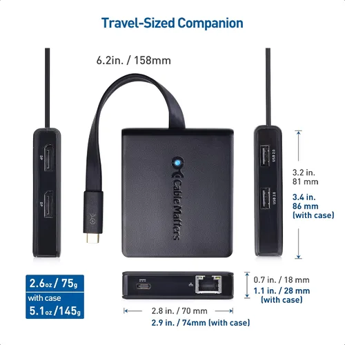 Vista 7 de Cable Matters Concentrador USB C de monitor doble, DisplayPort 4K dual, carga de 60 W Single 4K @60Hz / Dual 4K @30Hz, 2x USB 2.0, Fast Ethernet