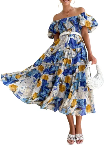 Vista 2 de Vestido largo casual bohemio con hombros descubiertos para mujer, estampado floral, manga corta, estampado floral, holgado, vestido de fiesta, club