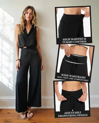 Vista 3 de ZOOSIXX - Pantalones de pijama suaves para mujer, pierna ancha, cómodos, informales, para descansar, yoga, pantalones capri de 22-30 pulgadas