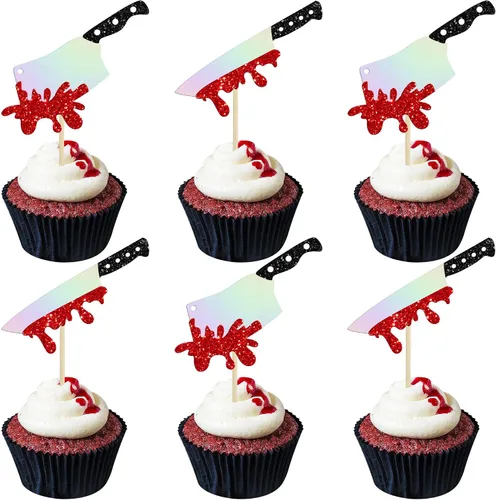 Vista 17 de Gyufise 1 pieza de decoración de pastel de cumpleaños con purpurina montada de terror clásico de Halloween para temática de terror sangriento