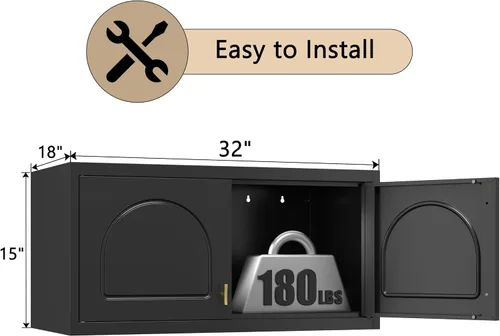 Vista 3 de Gabinete de Pared de Metal de 81 cm con 2 Puertas, Gabinetes Colgantes Negros con Manija, Gabinetes de Vestir de Metal, Armario Vestidor Clóset