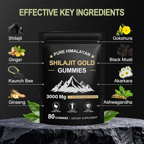 Vista 2 de Shilajit - Gomitas para hombres y mujeres, ricas en ácido fúlvico Ashwagandha Gaulshura 85 micronutrientes, sin azúcar añadido, sin OMG, 100%