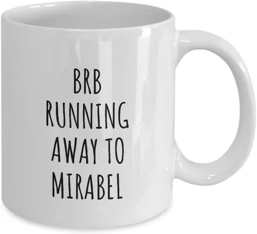 Vista 2 de Taza de Brb Running Away To Mirabel, regalo divertido para viajeros, hombres, mujeres, amantes de la ciudad, idea de regalo, cita, broma, café, taza