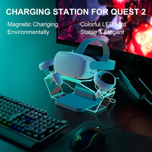 Vista 5 de Charging Station for MetaOculus Quest 2, Illuminated VR Stand for Quest 2, Magnetic Controller & Headest Display Charger with 2 Rechergeable