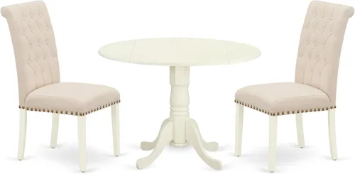 Vista 18 de East West Furniture DLBR3-BLK-17 - Juego de muebles de comedor de 3 piezas que contiene una mesa de comedor redonda con gotas y 2 sillas tapizadas