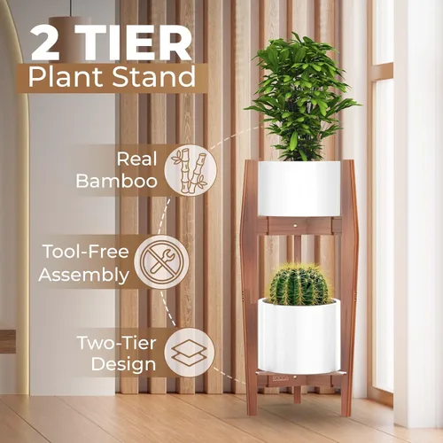 Vista 4 de Rocca - Soporte ajustable de 2 niveles de ancho de 8" a 12" apilable de bambú para plantas altas de interior, soporte de esquina de madera
