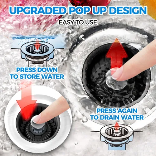 Vista 3 de zaa Colador de drenaje para fregadero, tapón 3 en 1 para fregadero de cocina, tapón de drenaje de cocina de acero inoxidable y cubierta con colador