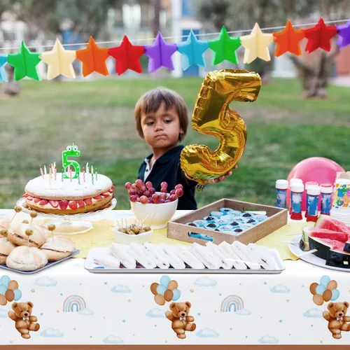 Vista 4 de Caisehabu 3 manteles de plástico para baby shower, con diseño de oso de peluche, estilo bohemio marrón y azul, suministros para decoración de fiesta