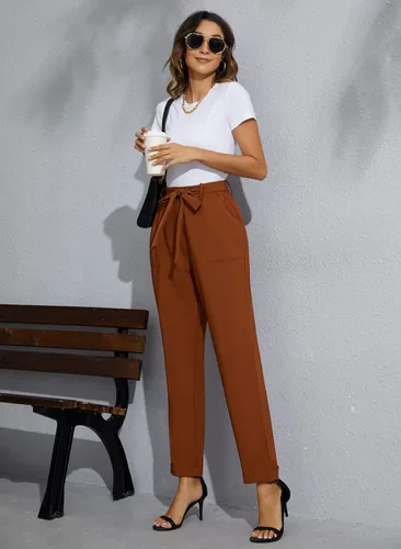 Vista 4 de GRACE KARIN Women High Waist Pants with Belt Fold-up Leg Opening Pants with Big Pockets