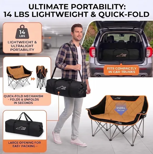 Vista 8 de FAIR WIND Silla de Camping Completamente Acolchada de Gran Tamaño Sofá Plegable de Dos Plazas Sofá de Campamento Silla Doble Duo Silla de Brazo