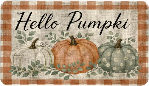Vista 7 de Mloabuc Felpudo decorativo de otoño naranja con texto divertido de calabaza de bienvenida, tapete para interiores, decoración creativa de temporada