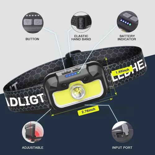 Vista 3 de Favorlite - Paquete de 2 faros recargables, 1300LM LED con luz roja y verde, 7 modos, ajuste de memoria, control de gestos, tipo C, resistente al