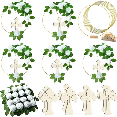 Vista 7 de LEIFIDE 40 piezas de decoración de primera comunión para bautismo, centros de mesa, decoración de la primera comunión con 8 anillos de aro florales
