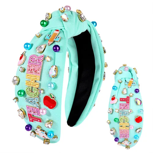 Vista 7 de Diadema para profesora para mujer, diadema anudada con perlas de cristal, trajes de regreso a clases, accesorios, regalos de agradecimiento
