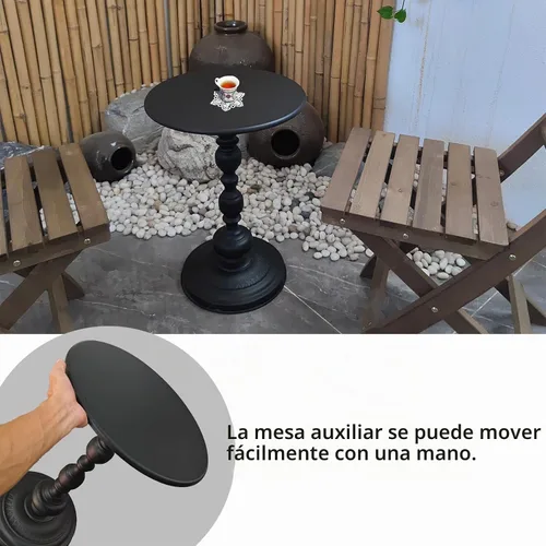 Vista 4 de Benkyo Mesa auxiliar redonda negra moderna de metal con pedestal para sala de estar, dormitorio, color negro