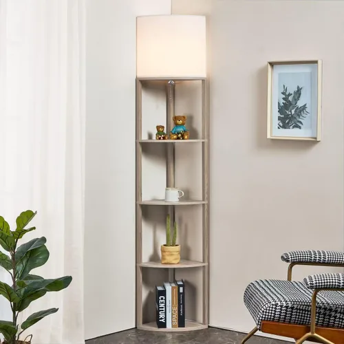 Vista 13 de Lámpara de pie con estantes, moderna lámpara de estante cuadrada con pantalla blanca, lámpara de pie de esquina para sala de estar, dormitorio