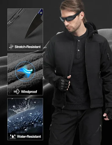 Vista 4 de FREE SOLDIER Men's Softshell Hiking Jacket Waterproof Hooded Tactical Hunting Jacket