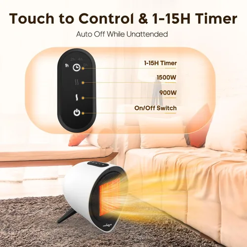 Vista 7 de Calentadores de cerámica pequeños para uso en interiores, calefacción eléctrica PTC de 1500 W con temporizador de 15 horas, protección contra