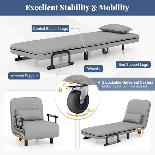 Vista 11 de GIANTEX - Sofá cama convertible 3 en 1 con respaldo ajustable de 5 posiciones, ruedas, 2 patas, tumbona reclinable con almohada, sillones