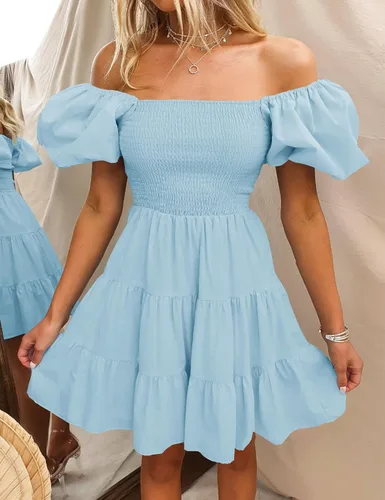 Vista 2 de ZESICA Vestido corto bohemio de verano para mujer, con cuello cuadrado, manga abombada, hombros descubiertos, fruncido, escalonado, casual