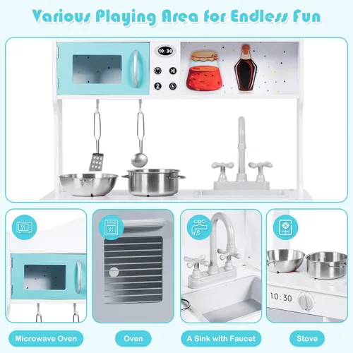 Vista 3 de Costzon Juego de cocina para niños, cocina de madera con fregadero, horno, microondas, estufa, ollas, utensilios, juego de cocina con estante