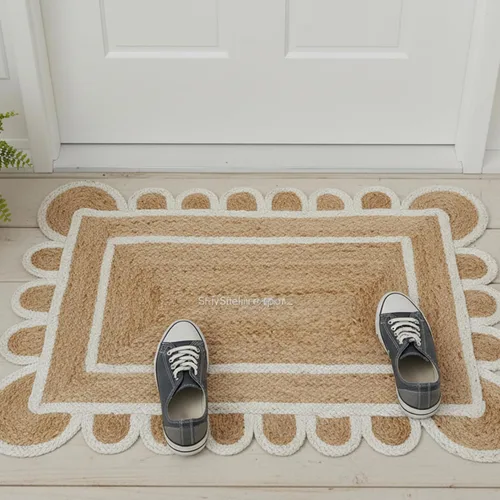 Vista 3 de Alfombra festoneada de yute natural, base natural con ribete blanco hueso, alfombra bohemia de granja hecha a mano con respaldo antideslizante