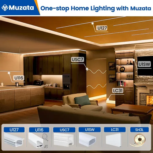 Vista 5 de Muzata Paquete de 5 canales LED empotrados de 3.3 pies/3.3 ft con cubierta blanca lechosa en forma de U de aluminio LED tira difusor canal U127 WW 1M