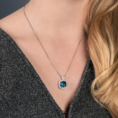 Vista 5 de Jewelili Sterling Silver 10x10MM Cushion Swiss Blue Topaz, Amethyst and Round White Topaz with 1.5MM Round Emerald on Back Halo Pendant Necklace, 18