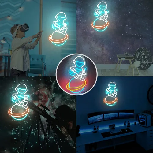 Vista 8 de Letrero de neón de astronauta, astronauta sentado en el planeta tocando guitarra, luz LED de neón, decoración de sala de juegos, decoración de museo