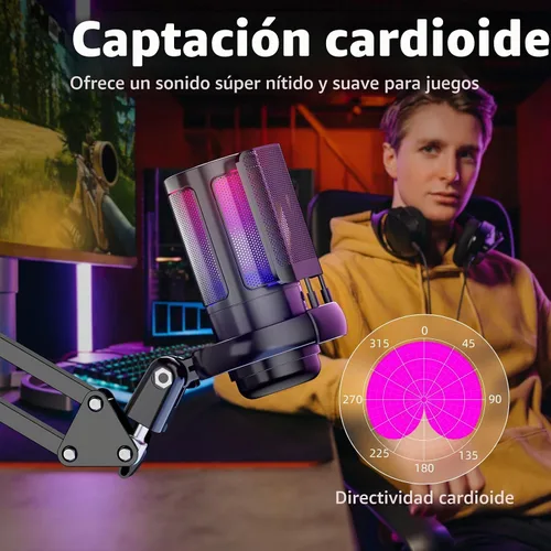 Vista 4 de Micrófono USB para juegos para PC, kit de micrófono de podcast para transmisión, micrófono de condensador con silencio rápido, brazo articulado