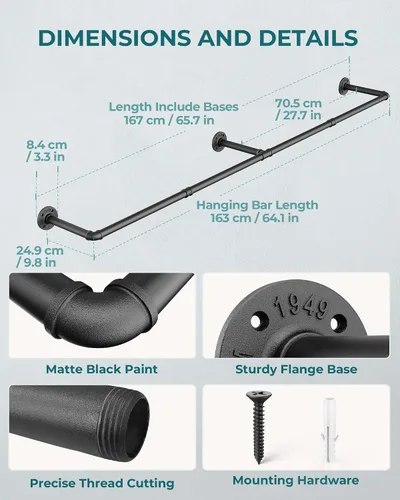 Vista 3 de OROPY Perchero de ropa, 166.9 cm de tubo industrial para colgar ropa, perchero de ropa montado en la pared, resistente y que ahorra espacio
